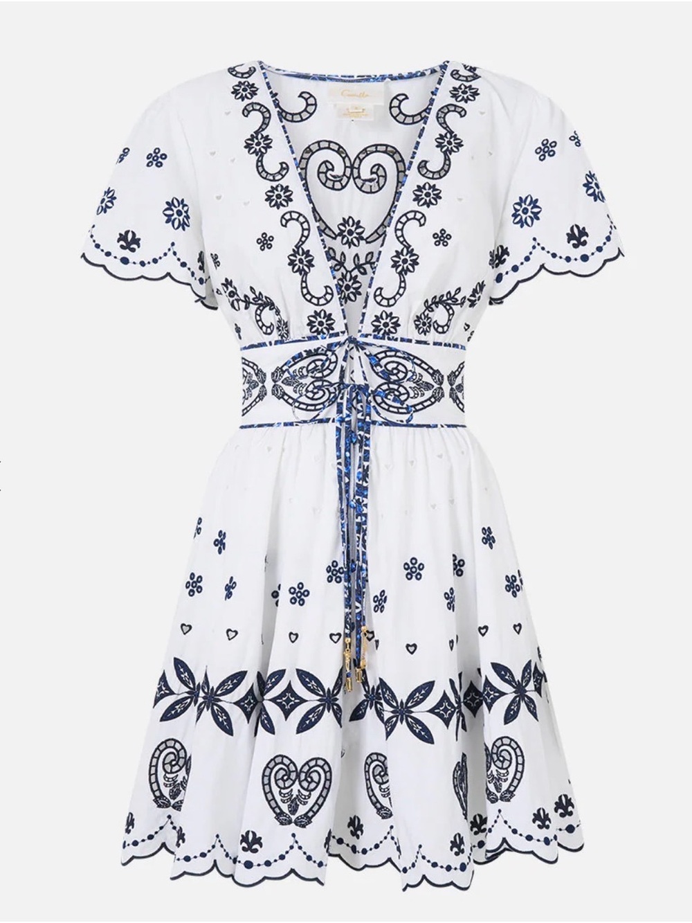 Camilla White & Navy Embroidered V-Neck Mini Dress